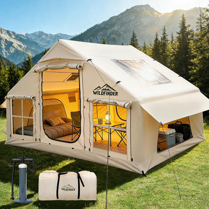 WildFinder Inflatable Tent with Skylight & Stove Jack, 4-6 Person Blow Up Hot Tent with Panoramic PVC Skylight, Waterproof 420D Oxford Fabric, Air Beam Camping Tent, Off White