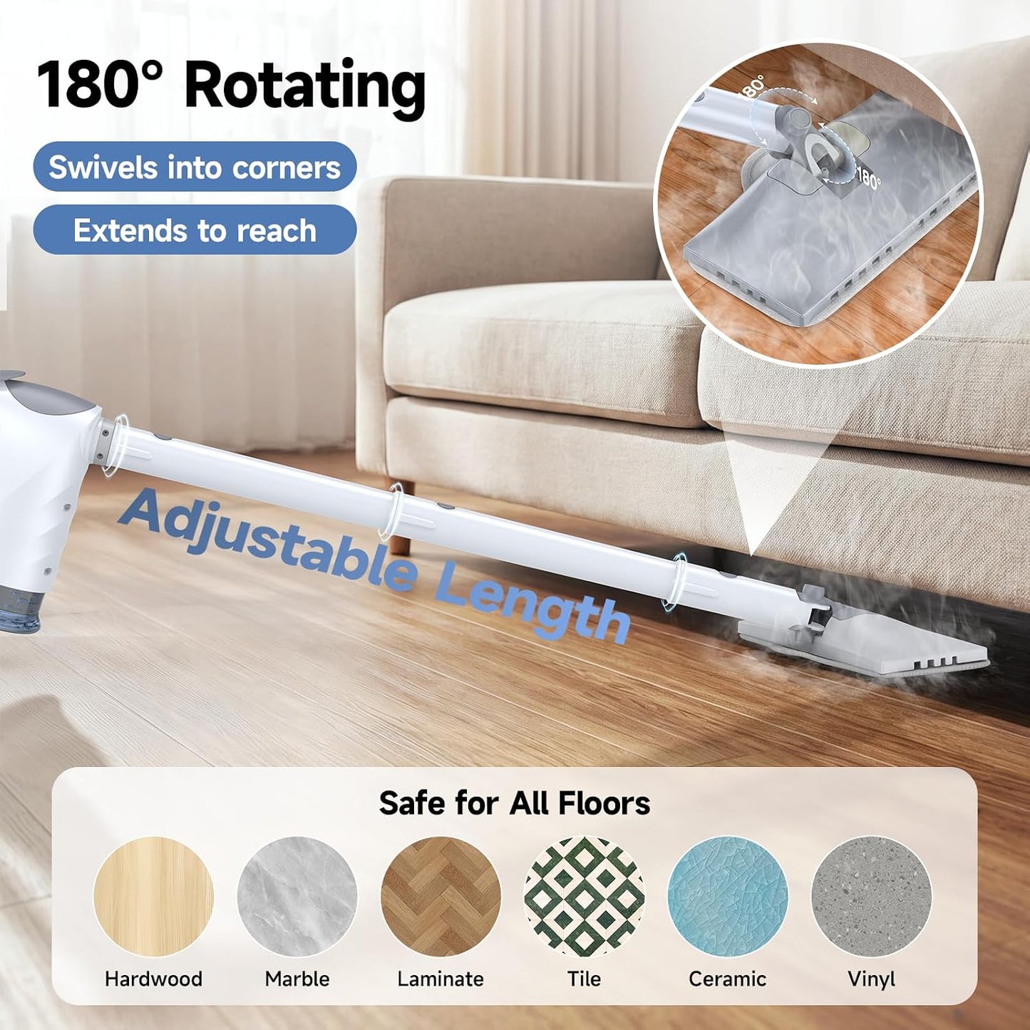 Steam Mop & Detachable Handheld Steam Cleaner 10s Fast Heat-Up, 248°F Deep Cleaning, 8 Accessories, 320ml Tank with Swivel Head Mop for Car Accessories Floor Home, White