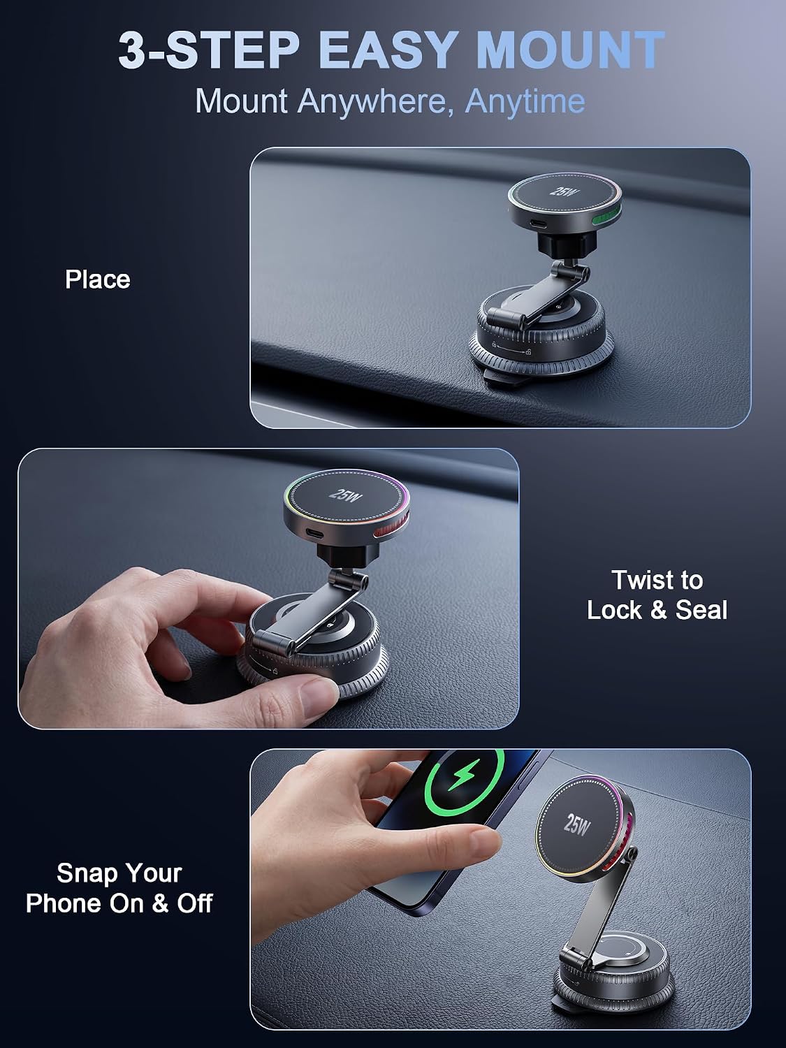 25W for Magsafe Car Mount Charger,Vacuum Wireless Car Charger Long Arm Magnetic Wireless Car Charger with 360° Rotating Phone Holder,Cooling Fan,Compatible with iPhone 18-12 Series