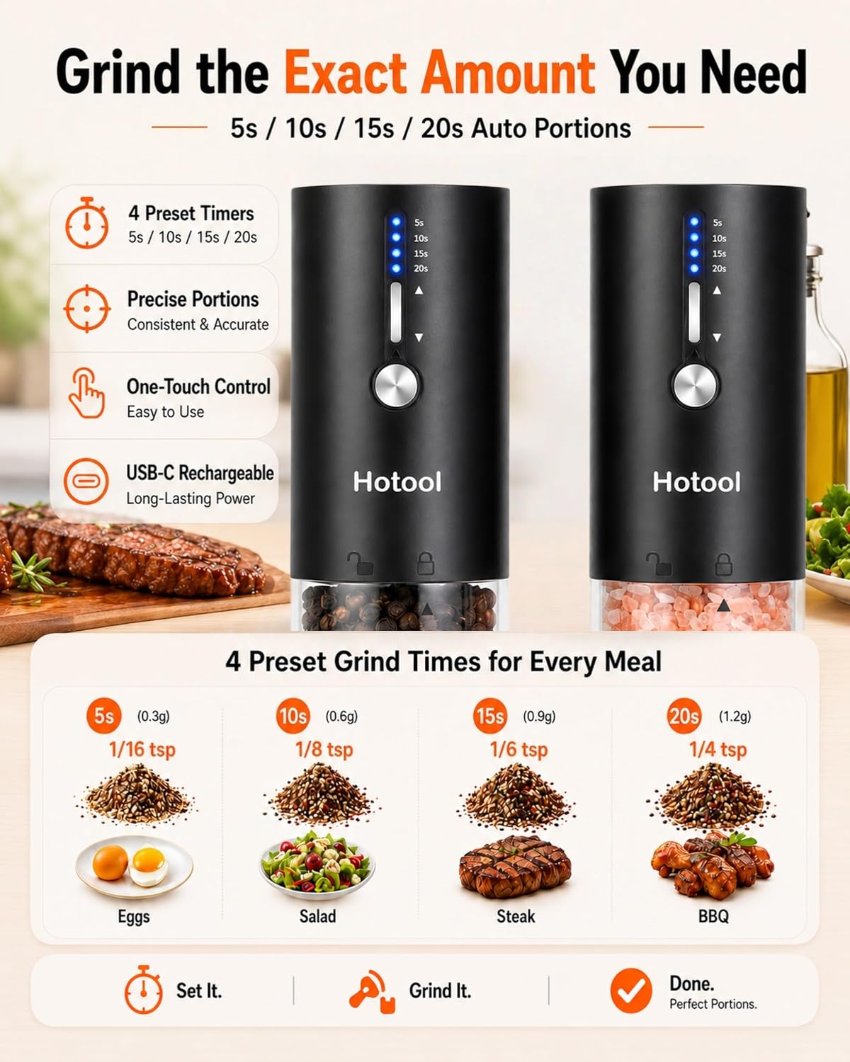Hotool Electric Salt and Pepper Grinder Set, 4oz