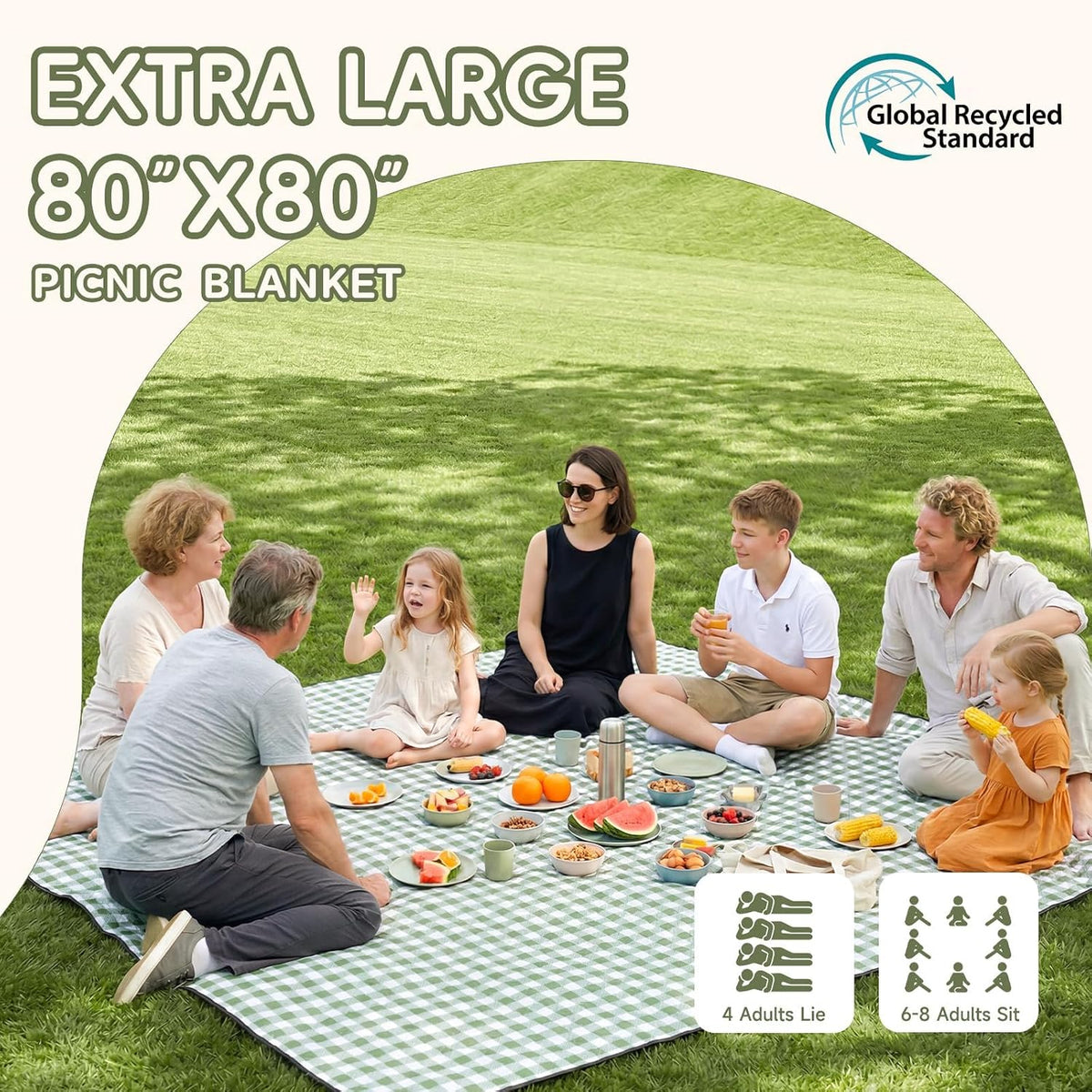 Genovega Waterproof Picnic Blanket, 80 x 80 Inch Extra Large Foldable Outdoor Blanket, Portable Beach Camping Mat with Waterproof PVC Backing, Checkered Green