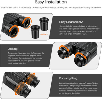Astromania Stereo Binoviewer for 1.25" Telescope Eyepieces, Binocular Viewer with Two 32mm Plossl Eyepieces, 1.85x & 3x Correctors, Multi-Coated BAK-4 Prisms