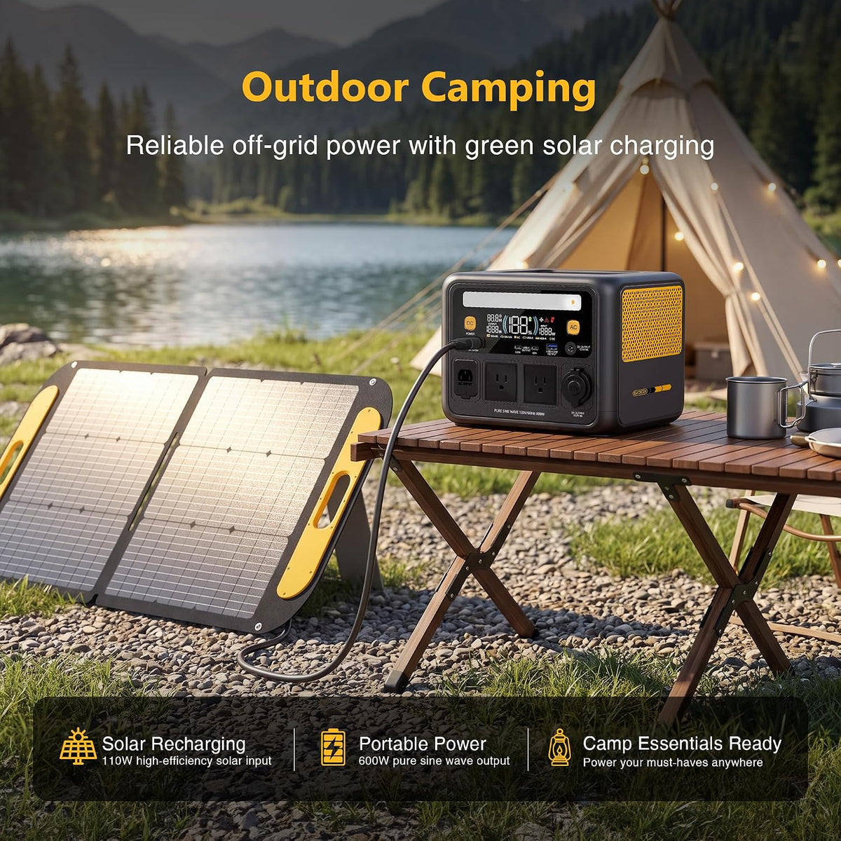 VTOMAN Jump 600X 600W Portable Power Station with 110W Foldable Solar Panel 170W Fast Recharge, 268.8Wh LiFePO4 Battery, 100W USB-C Output, 1200W Surge Solar Generator Kit for Camping, RV, Home Backup