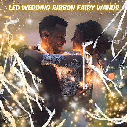 HONLYNE 100PCS Light Up Wedding Wands, LED Fairy Ribbon Wands with Bells, 3 Flashing Modes, Warm White Wedding Send-Off Streamers for Parties, Concerts & Celebrations