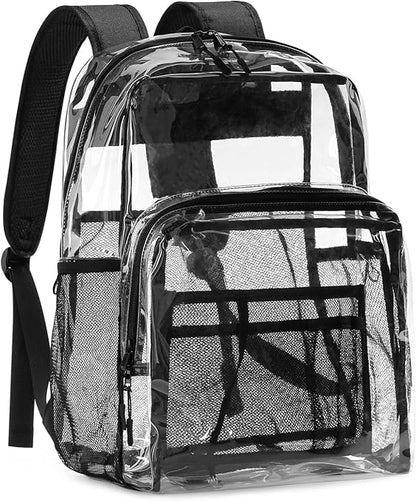 Clear Backpack for School, Heavy Duty Transparent 17-Inch Bookbag with 0.5mm PVC, Padded Straps, 15.6-Inch Laptop Sleeve & Multiple Pockets, Black