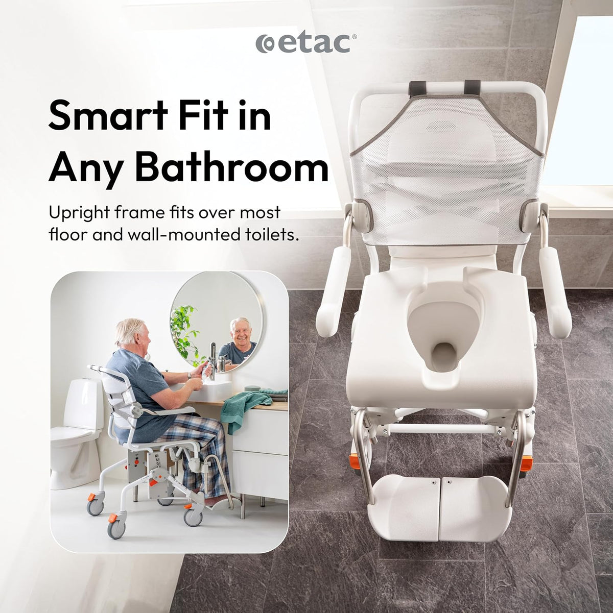 Etac Swift Mobile-2 Rolling Shower Commode Chair for Elderly, 353 lb, White Bedside Commode with Adjustable Height, Armrests and Backrest, Wheeled Shower Chair, Disabled Bathing