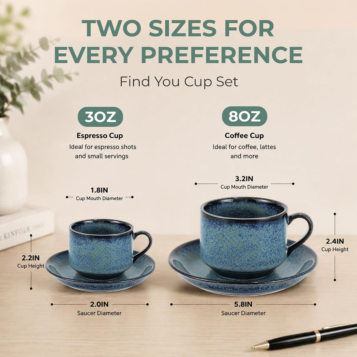 8 Ounce Cappuccino Cups Set of 4, Reactive Blue Stackable Demitasse Mugs, Includes Display Stand, Cups Saucers, and Spoons, for Machines & Home Use