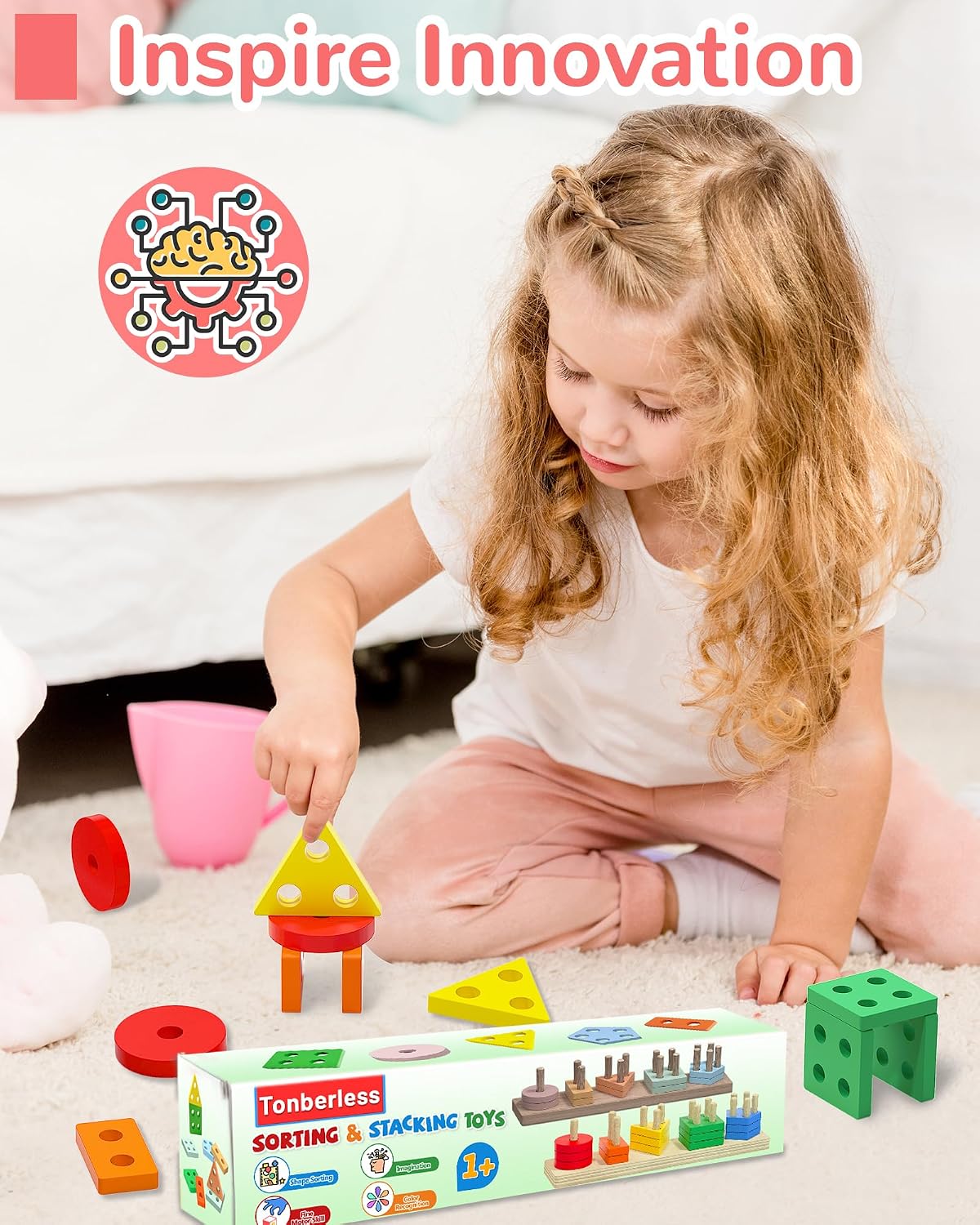 Tonberless Montessori Toys for Toddlers 1-3 Years, Wooden Sorting & Stacking Puzzle with 20 Pieces, Shape & Color Recognition Learning Toy for Boys & Girls