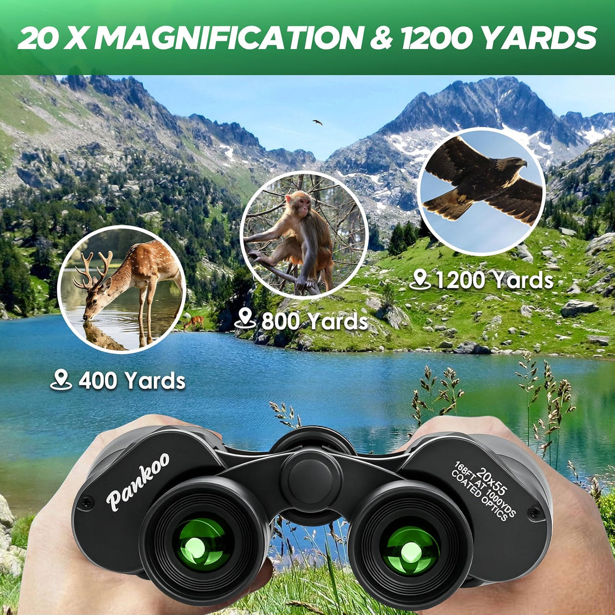 Pankoo 20x55 High-Powered Binoculars for Adults with Phone Adapter, BAK4 Prism & FMC Coating, Waterproof Fogproof Outdoor Binoculars for Bird Watching, Travel & Wildlife