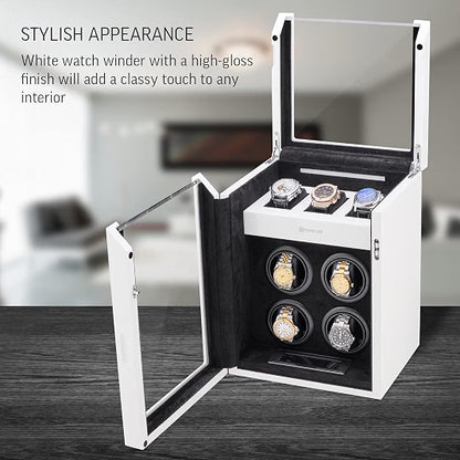 TIMECUBE Watch Winder for 4 Watches with 15 Winding Programs, 3 Watch Storage Slots, LED Interior Light & Touchscreen Display, White