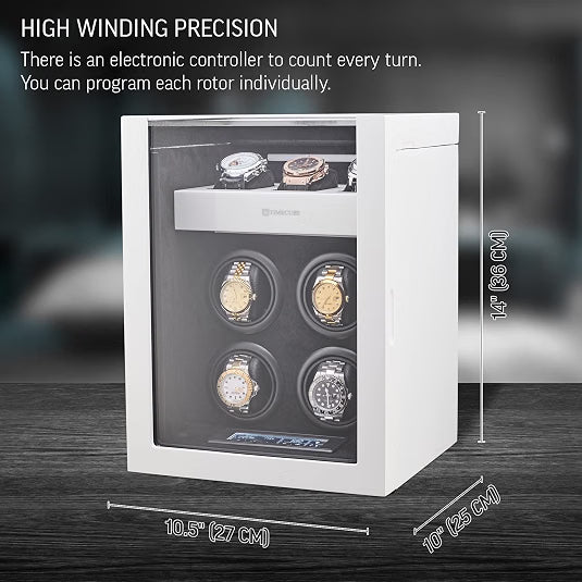 TIMECUBE Watch Winder for 4 Watches with 15 Winding Programs, 3 Watch Storage Slots, LED Interior Light & Touchscreen Display, White