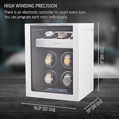 TIMECUBE Watch Winder for 4 Watches with 15 Winding Programs, 3 Watch Storage Slots, LED Interior Light & Touchscreen Display, White