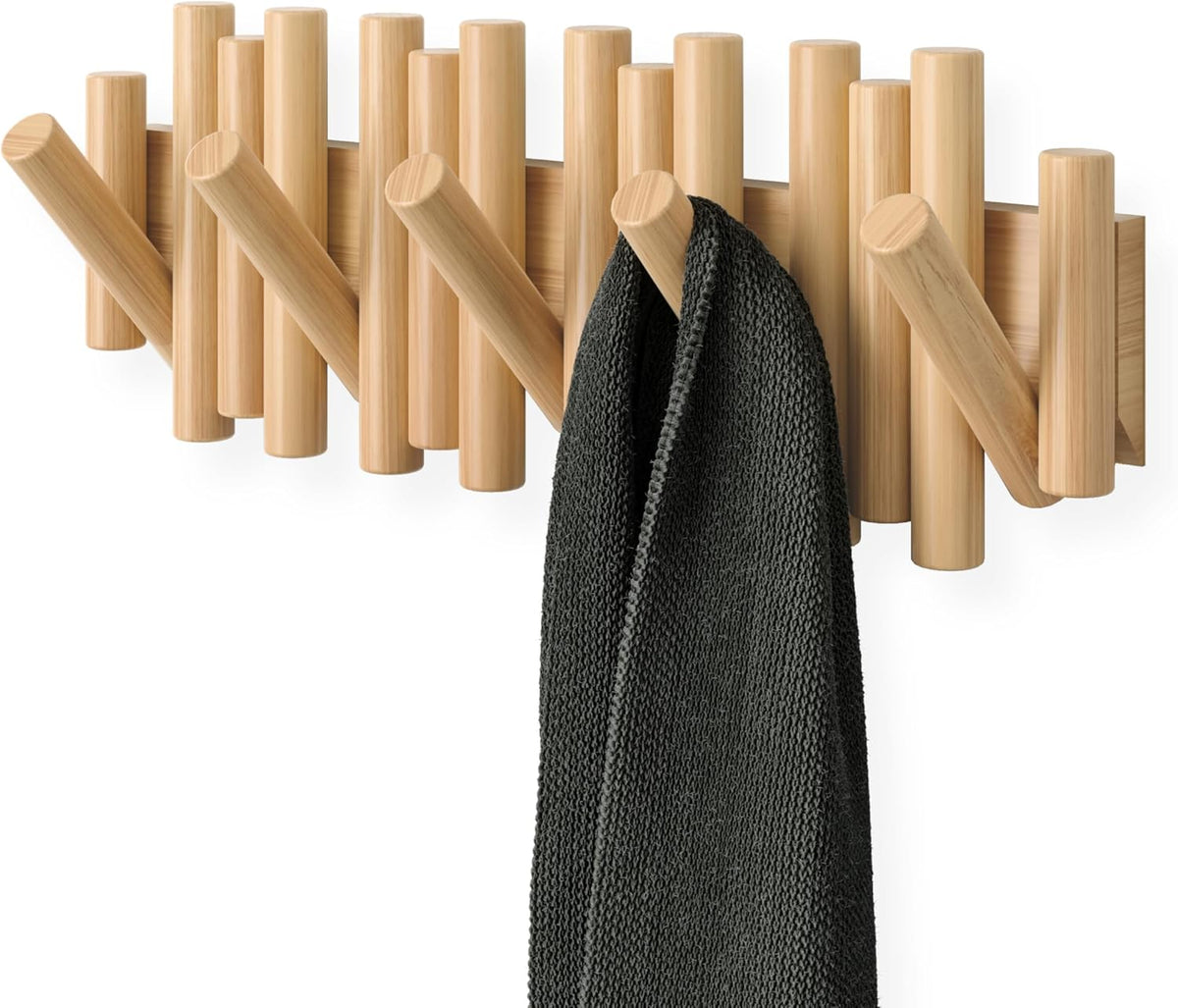 Umbra Picket Coat Rack, Wall Mount 5 Flip-Down Coat Hooks, Natural