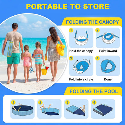 Kiddie Pool with Canopy, 63" Foldable Round Pool with Detachable UPF 50+ Sunshade, Non-Inflatable Swimming Pool with Anti-Slip Bottom for Kids, Pets & Outdoor Backyard, Blue