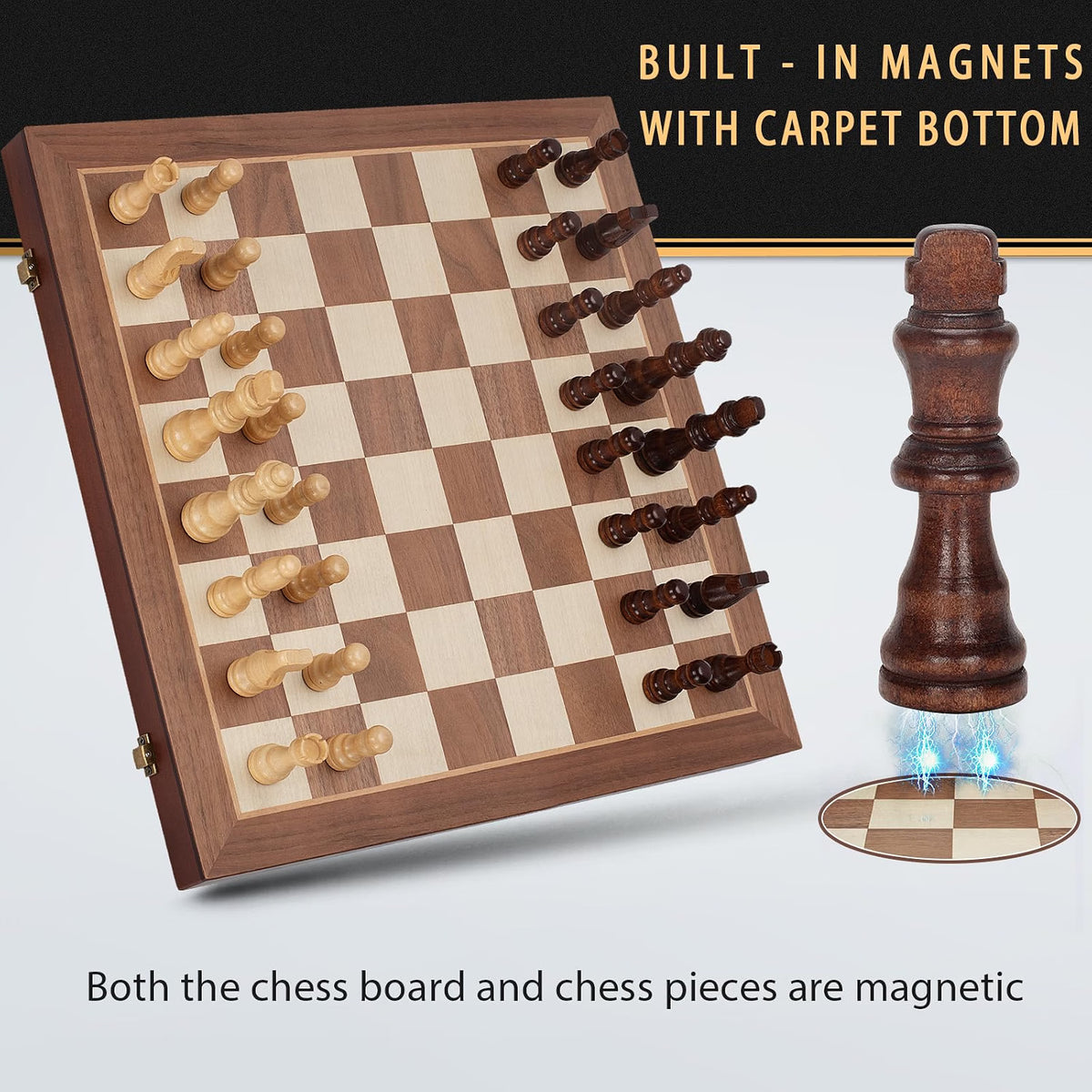 Jumlys Magnetic Wooden Chess Set, 15-Inch Folding Chess Board with 2 Extra Queens, Portable Travel Chess Set with Storage Slots, Solid Wood Chess Game for Adults & Kids