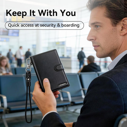 Trackable Passport Holder for Travel, RFID Blocking Wallet, Black Premium Pebbled PU Leather Cover, Works with Apple Find My, Is MFi Certified, for iOS Devices Only, with Card Slots & Lanyard