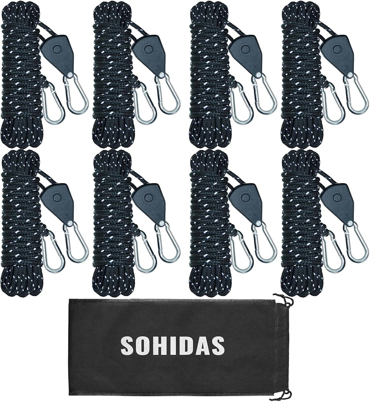 SOHIDAS Reflective Camping Guy Lines with Ratchet Pulley, 13FT Adjustable Tent Rope, 4mm Heavy-Duty Tarp Tie Down Cords with Auto-Lock Tensioner, Black
