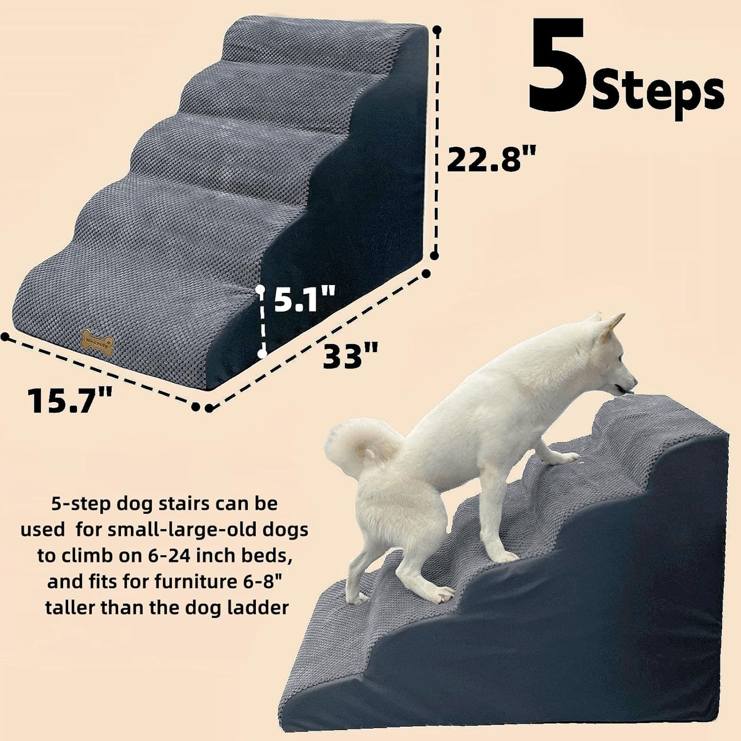 Necrely 5-Step Dog Stairs for 23-Inch High Beds & 20–30 Inch Couches, Non-Slip Pet Steps for Small, Large Dogs & Cats, Grey