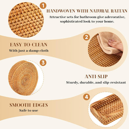Teenyyou 3 Pcs Rattan Bathroom Accessories Set Wicker Trash Can, Natural Handwoven Trash Can Waste Paper Basket, Square Tissue Box Holder Toilet Vanity Tray, for Kitchen Office Organizer Decorative