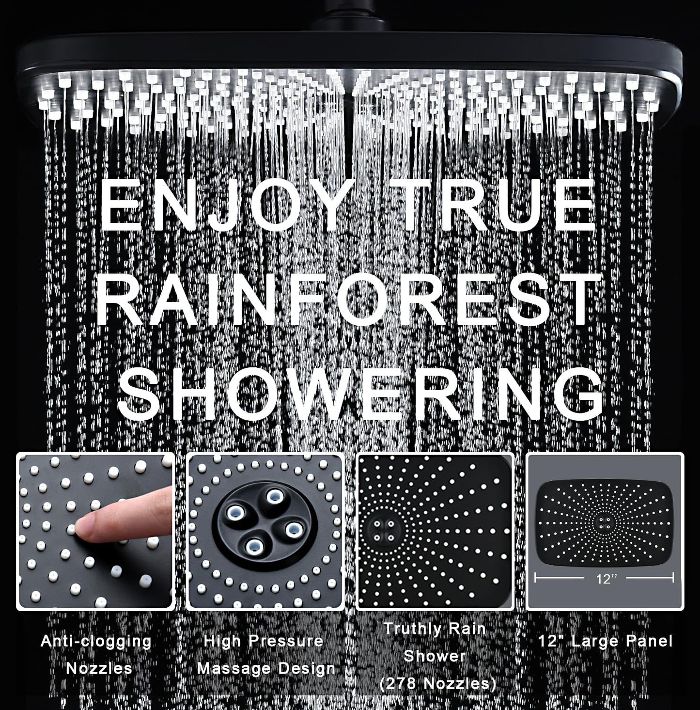 Rain Shower Head with Handheld Showerhead, Black 1.75GPM 460311 12" High Pressure Rainfall Shower Heads, 9 Sprays Handheld Showerheads, Magnetic Docking, Power Jets, 59" Shower Hose
