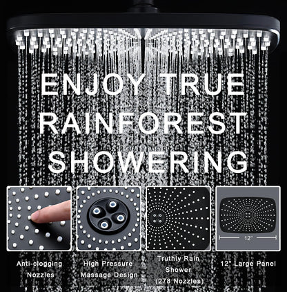Rain Shower Head with Handheld Showerhead, Black 1.75GPM 460311 12" High Pressure Rainfall Shower Heads, 9 Sprays Handheld Showerheads, Magnetic Docking, Power Jets, 59" Shower Hose