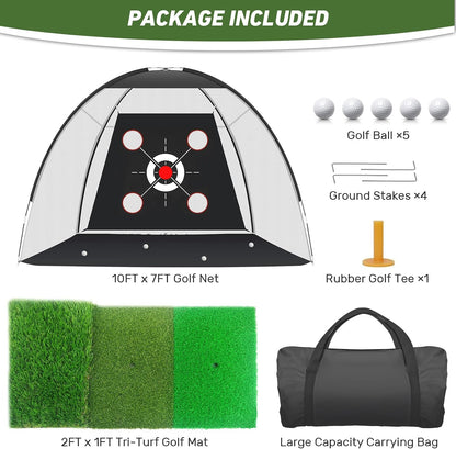 KLAODOT Golf Net with Practice Mat, 10 x 7 FT Golf Hitting Net with Multi-Target Pockets, 3-in-1 Turf Mat, 5 Balls, Rubber Tee, Stakes & Carrying Bag