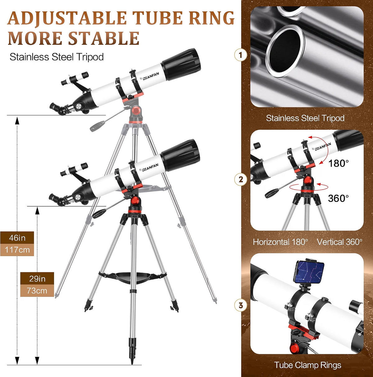 Dianfan 90mm Aperture 800mm Telescope, 32×–240× High-Powered Refractor Telescope for Adults & Beginners with Stainless Steel Tripod, Phone Adapter & Carry Bag