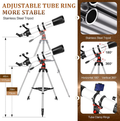 Dianfan 90mm Aperture 800mm Telescope, 32×–240× High-Powered Refractor Telescope for Adults & Beginners with Stainless Steel Tripod, Phone Adapter & Carry Bag