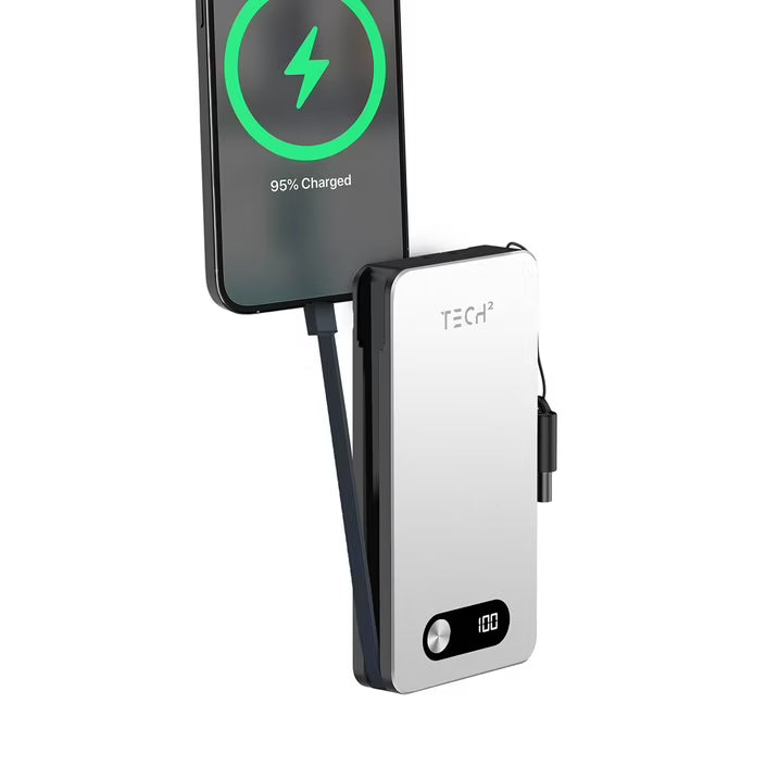 Tech Squared 10,000mAh Power Bank with Built-In USB-C Cable, AC Wall Plug, USB-A & USB-C Ports, LCD Battery Display & Lightning Adapter