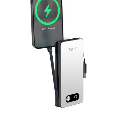 Tech Squared 10,000mAh Power Bank with Built-In USB-C Cable, AC Wall Plug, USB-A & USB-C Ports, LCD Battery Display & Lightning Adapter
