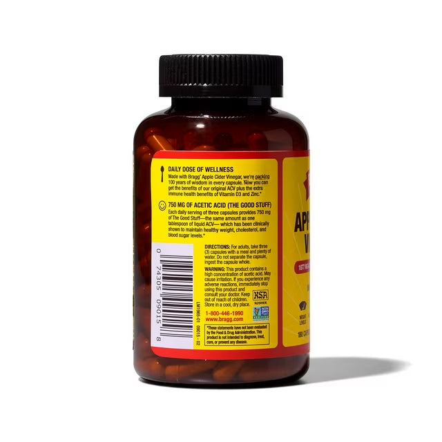 Bragg Apple Cider Vinegar Capsules with Vitamin D & Zinc, 180 Ct.