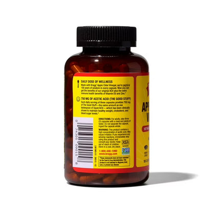 Bragg Apple Cider Vinegar Capsules with Vitamin D & Zinc, 180 Ct.