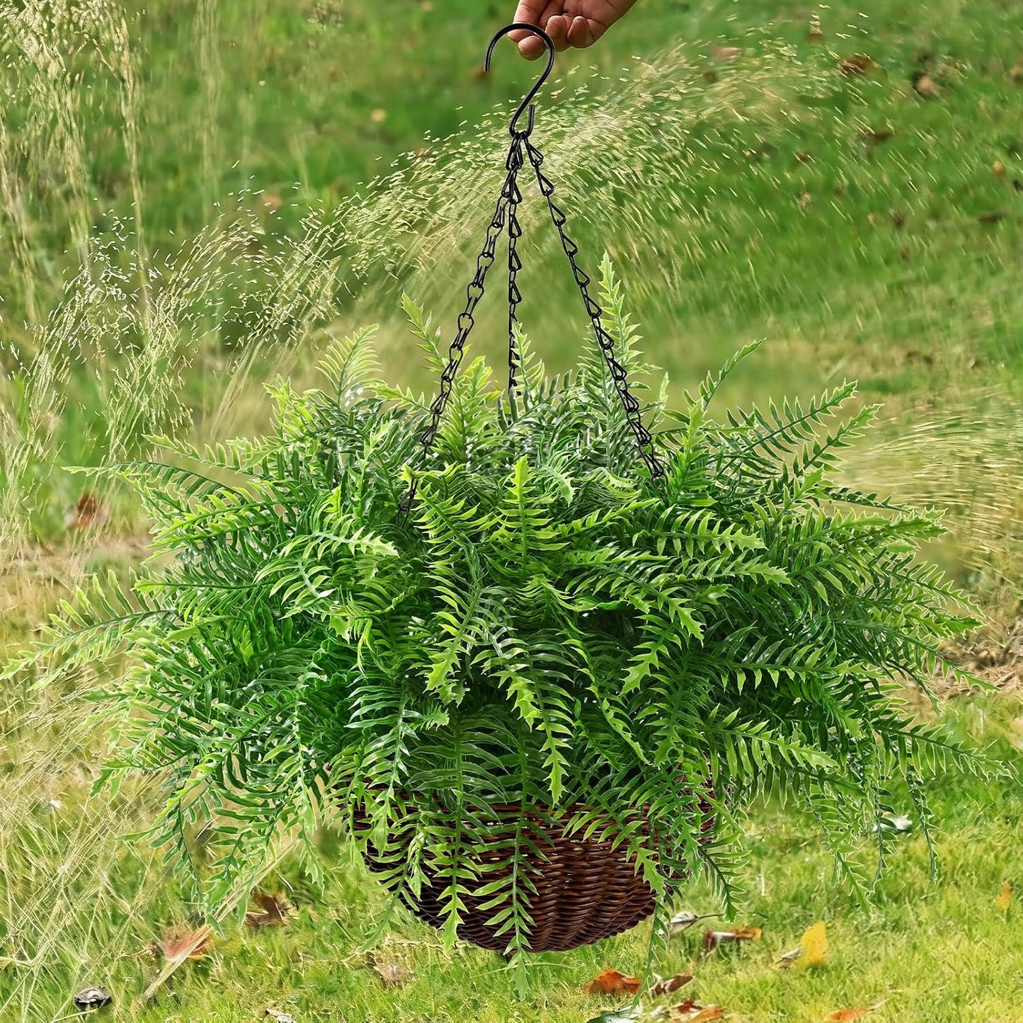 Waipfaru 2 Pack Fake Hanging Fern Plants Outdoor - Green UV Resistant Artificial Outdoor Hanging Plants, Realistic Faux Greenery Fern for Patio Front Porch Garden Home Decor