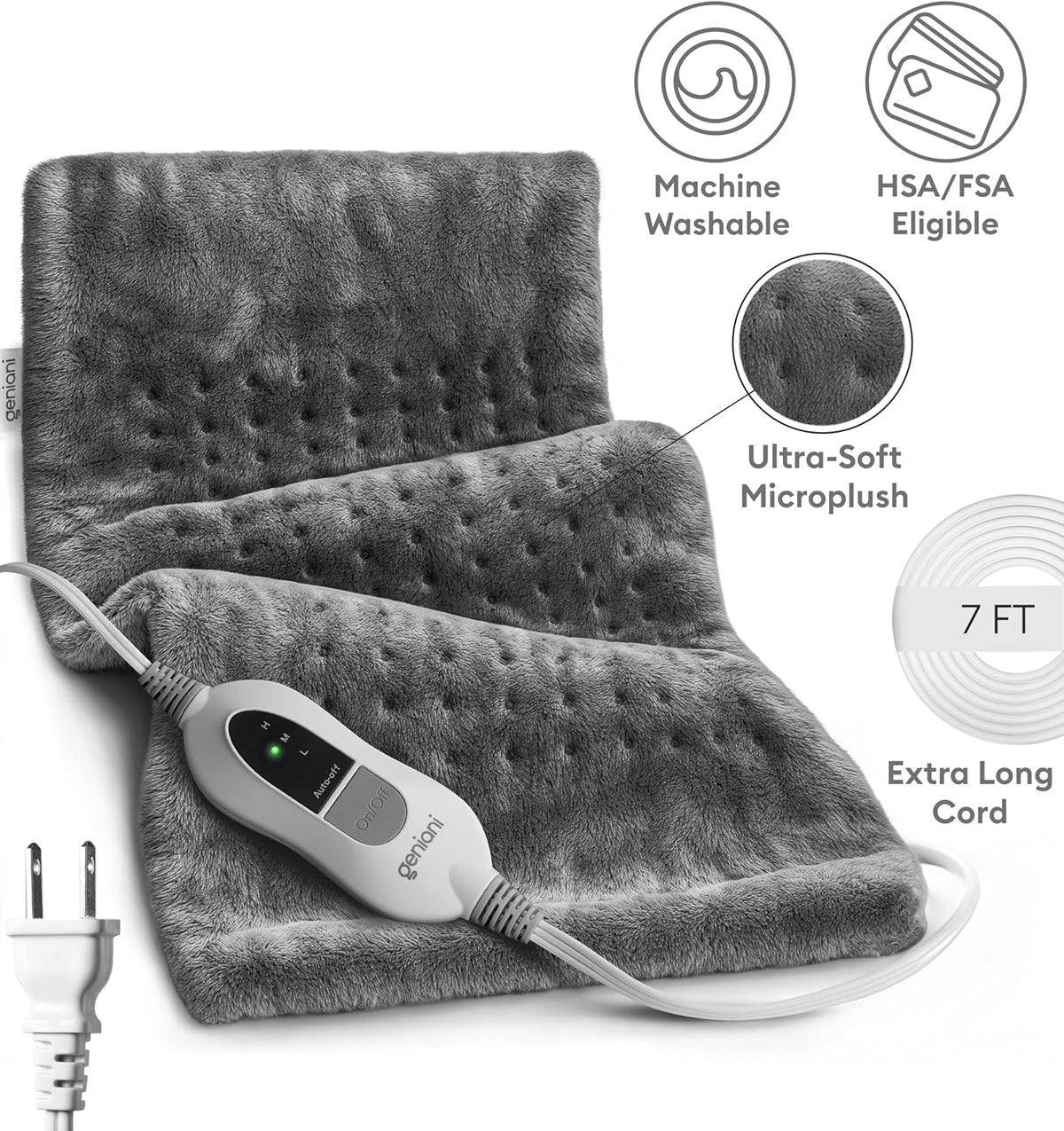 GENIANI Electric Heating Pad for Back Pain & Cramps Relief, Electric Throw, Self Care Gifts for Women, Heating Pad for Neck & Shoulder, Machine Washable Microplush, Auto Shut Off (12"x24", Tabby Gray)