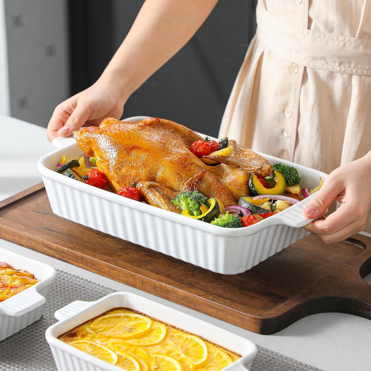 MALACASA Casserole Dishes for Oven, Ceramic Baking Dishes Set of 4, White Rectangular Deep Lasagna Pans with Handles for Roasting Vegetable, Cake, Durable Bakeware, Wedding Gift(9.4/11.1/12.2/14.7")