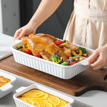 MALACASA Casserole Dishes for Oven, Ceramic Baking Dishes Set of 4, White Rectangular Deep Lasagna Pans with Handles for Roasting Vegetable, Cake, Durable Bakeware, Wedding Gift(9.4/11.1/12.2/14.7")
