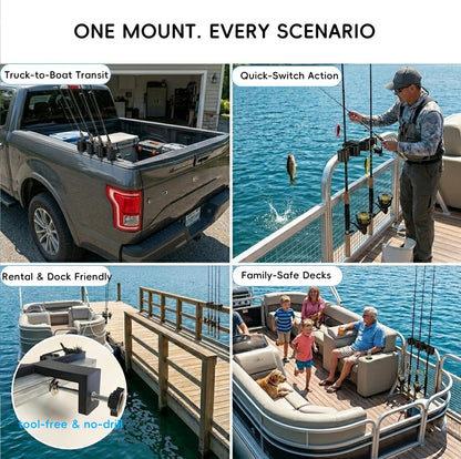 Pontoon Fishing Rod Holder for Square Rail, 4-Rod Vertical Storage Rack, No-Drill Adjustable Clamp-On Holder for Pontoon Boats, Docks & Marine Use, Black