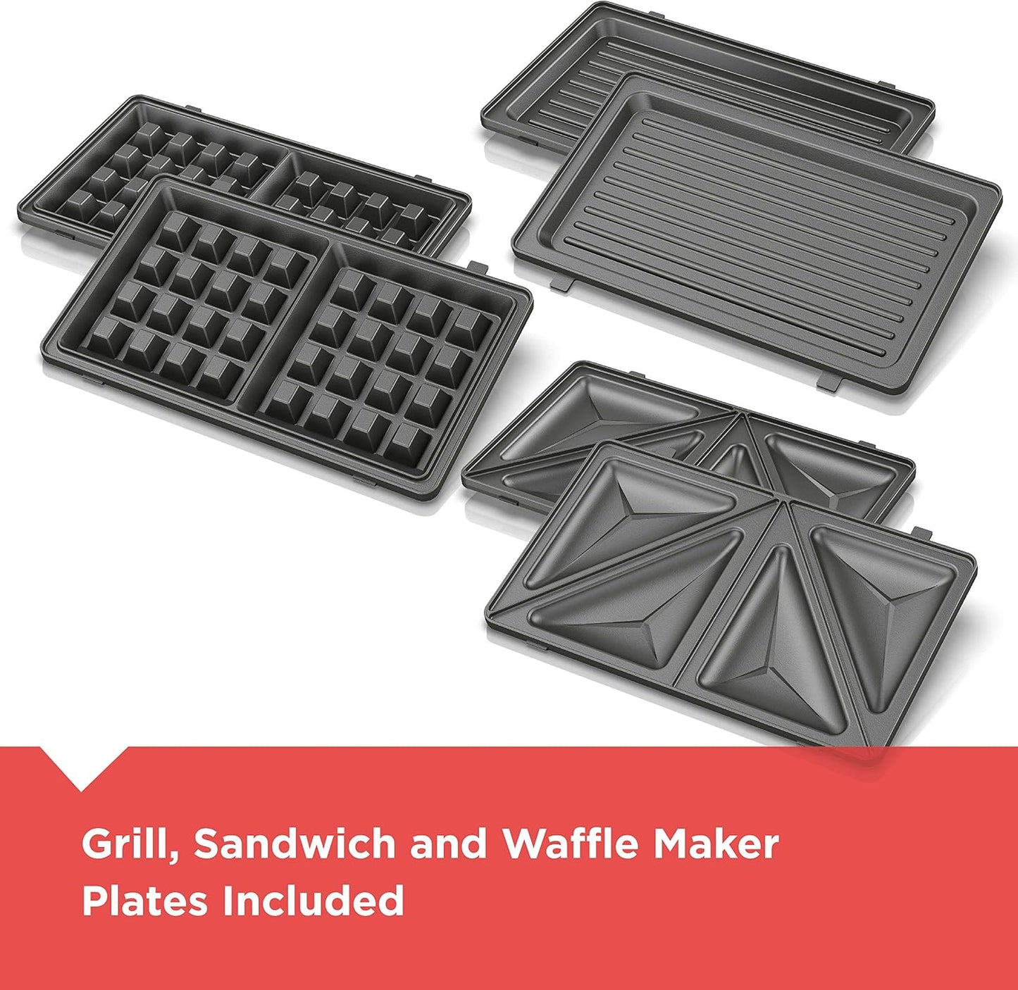 BLACK+DECKER 3-in-1 Waffle Maker, Grill & Sandwich Press Interchangeable waffle, grill and sandwich plates with nonstick surface and compact storage.