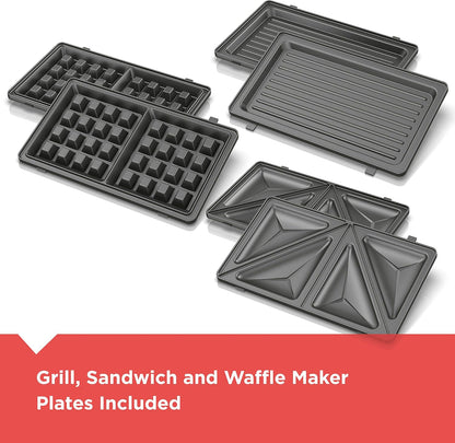 BLACK+DECKER 3-in-1 Waffle Maker, Grill & Sandwich Press Interchangeable waffle, grill and sandwich plates with nonstick surface and compact storage.