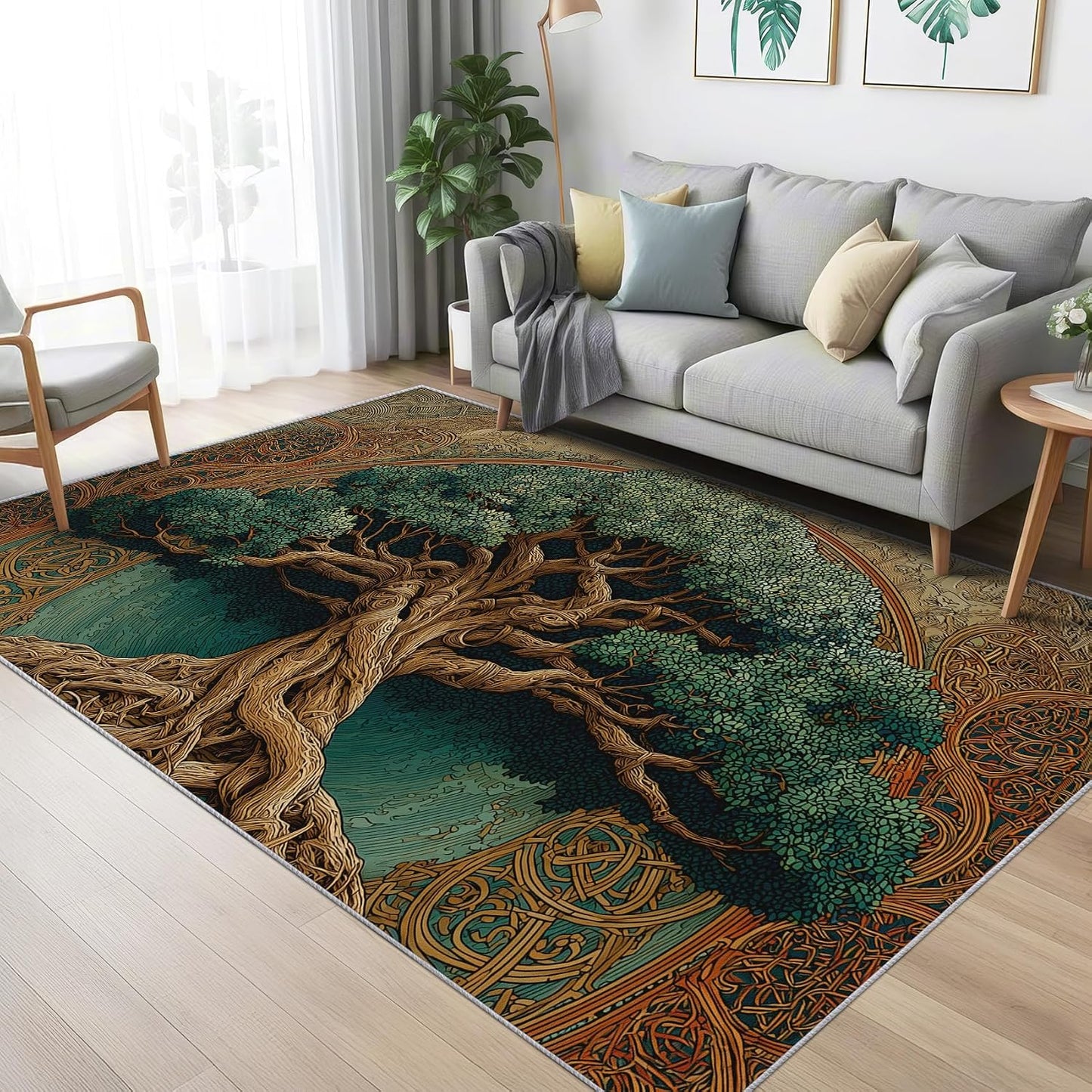 Tree of Life Area Rug for Bedroom, Viking Celtic Knot Washable Rugs, 8x10 Rug for Living Room, Non Slip & Soft Low Pile & Stain Resistant Large Carpet, Botanical Home Decor Gifts