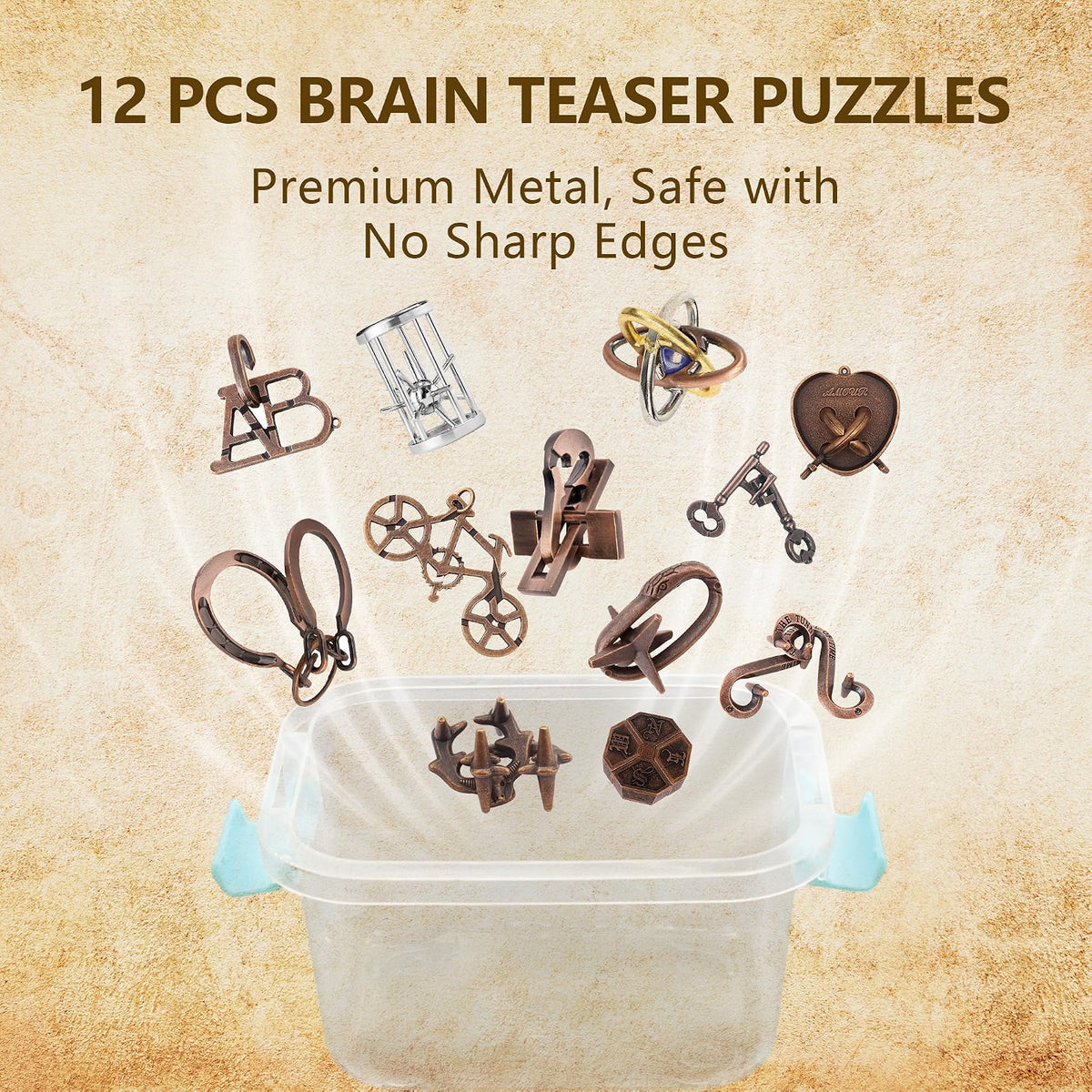 VVSBPL 12-Piece 3D Metal Brain Teaser Puzzle Set, Stainless Steel Disentanglement Logic Puzzles for Adults & Teens, Various Difficulty Levels, Portable IQ Challenge Game