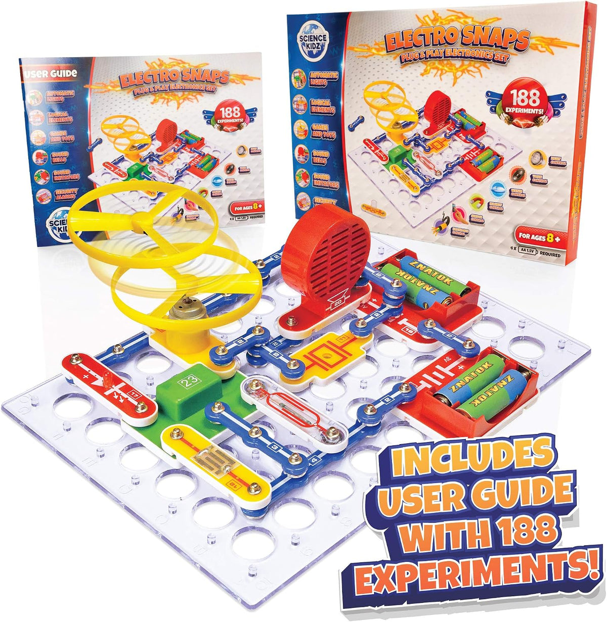 Science Kidz Electronics Kit, 188 Science Experiments for Kids, Snap-Together Circuit Projects, STEM Science Kit with Color User Manual, Physics Learning Toy