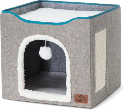 Bedsure Cat House Bed for Indoor Cats, Enclosed Two-Level Cat Cave with Fluffy Hanging Ball and Sisal Scratch Pad, Washable Grey