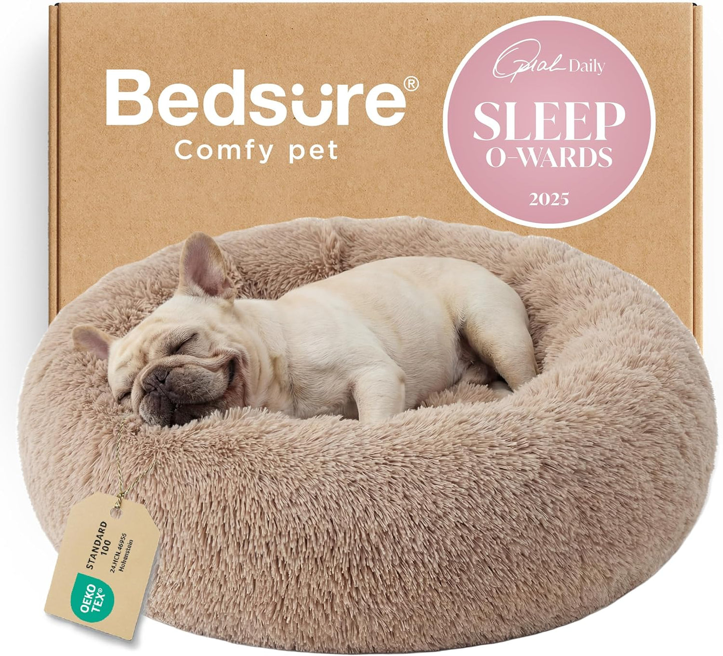 Bedsure Calming Dog Bed Medium Size, 30-Inch Donut Washable Pet Bed, Round Plush Dog Bed with Raised Rim & Non-Skid Bottom, Camel