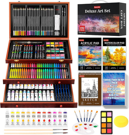 Soucolor 192-Piece Deluxe Art Set, Drawing & Painting Supplies Kit with Acrylics, Watercolors, Colored Pencils, Oil Pastels, Canvas Boards & Wooden Case for Adults & Artists