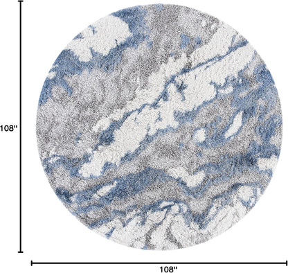SAFAVIEH Horizon Shag Collection Area Rug - 9' Round, Grey/Blue, Geometric Design, Ideal for High Traffic Areas in Living Room, Bedroom, Dining (HZN890G)