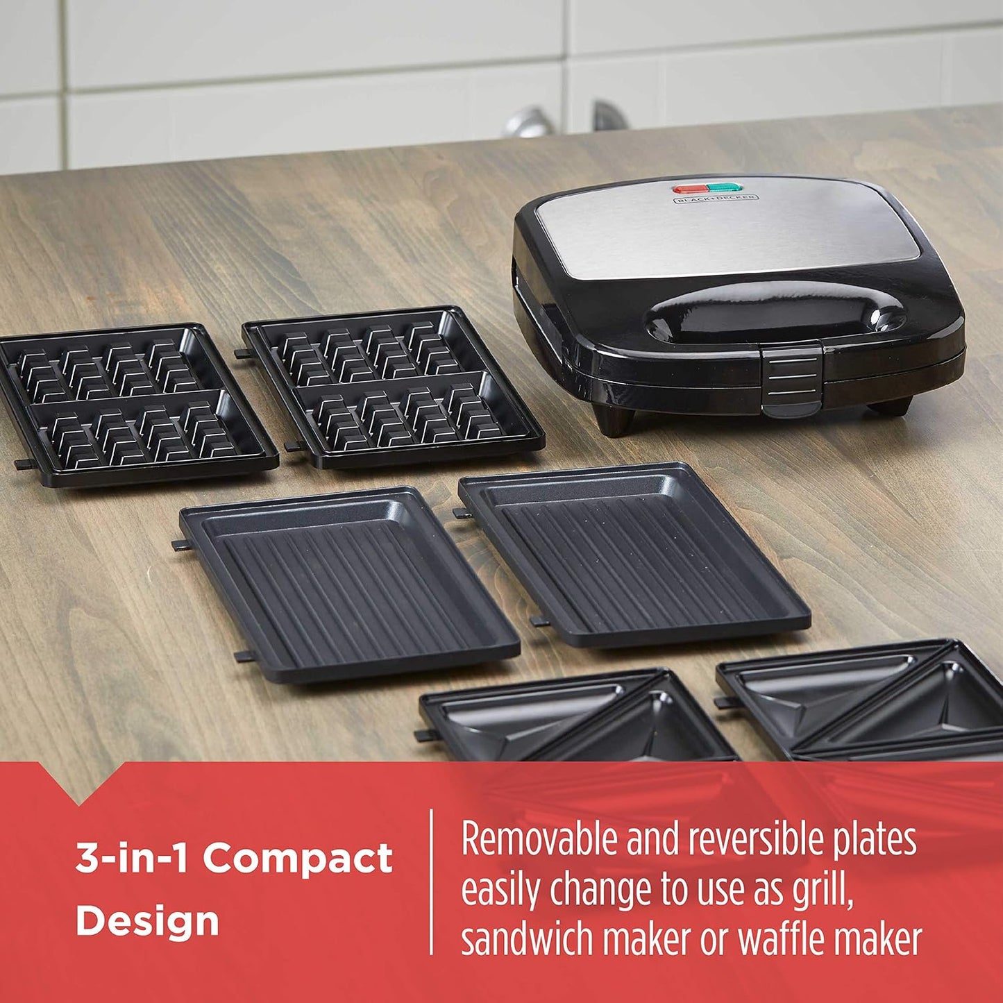 BLACK+DECKER 3-in-1 Waffle Maker, Grill & Sandwich Press Interchangeable waffle, grill and sandwich plates with nonstick surface and compact storage.