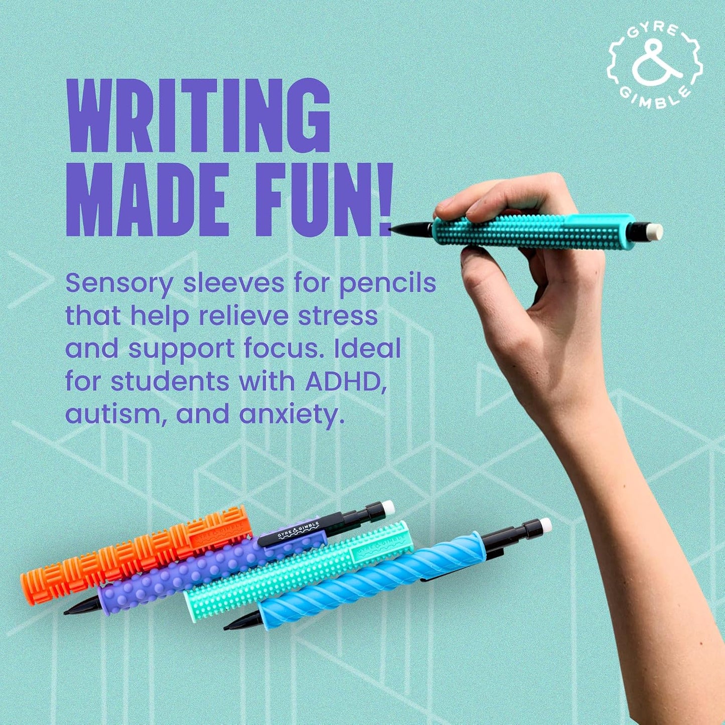 Gyre & Gimble Silicone Pencil Grips 4-Pack with 2 Pencils