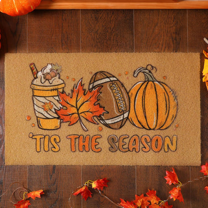 Tinideya Fall Football Door Mat, 29 x 17 Inch Outdoor Welcome Mat with Fall Leaves, Pumpkin & Football Design, Non-Slip PVC Backing, Brown