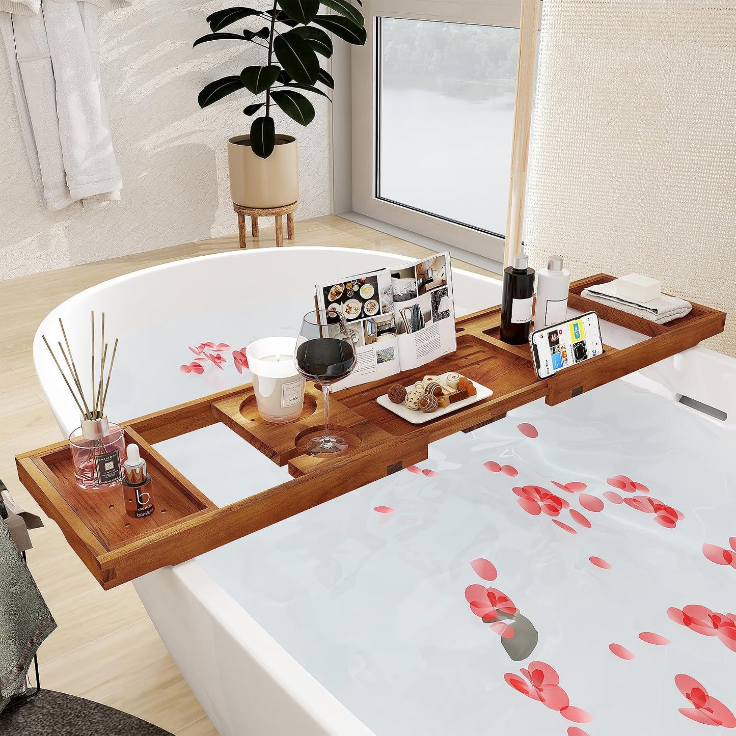 Teak Bathtub Tray - Luxury Bath Tray with Expandable Handles, Wine Glass and Phone Holders, Book Stand - Perfect for Home Spa Relaxation and Reading - Natural Bath Accessories - Light Walnut Color